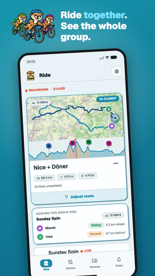 App screen headed “Ride together. See the whole group.”: the Ride view mid-recording with three riders on one map — Marek riding 5.3 km ahead, Ines paused 6.7 km behind — and the route pinned “On ELEMNT”.