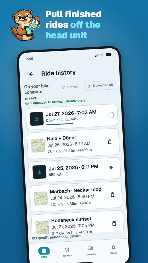 App screen headed “Pull finished rides off the head unit”: ride history mixing rides on the phone with rides still on the device, one downloading at 44 per cent, and a Strava tally reading two uploaded, one already there.