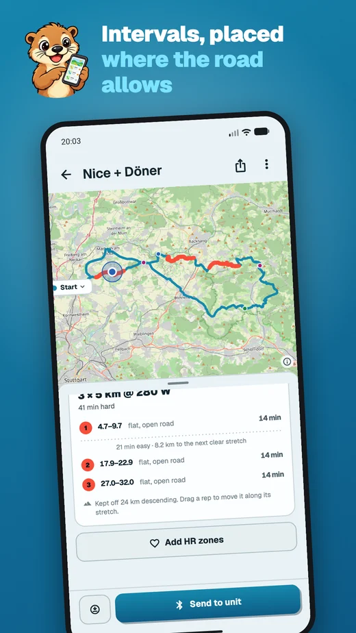 App screen headed “Your routes live on your phone”: the route library with map thumbnails, distance, climb and stops per route, starred favourites, and the route on the bike computer pinned to the top with an “On ELEMNT” badge.