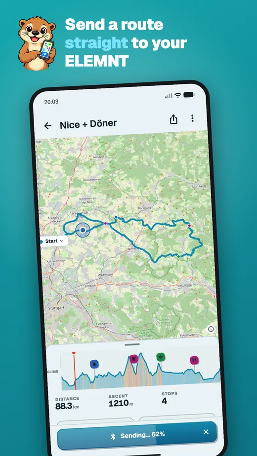 App screen headed “Send a route straight to your ELEMNT”: the Nice + Döner route, 88.3 km and 1210 m of climbing, its four stops on the elevation profile and the send banner filling at 62 per cent.