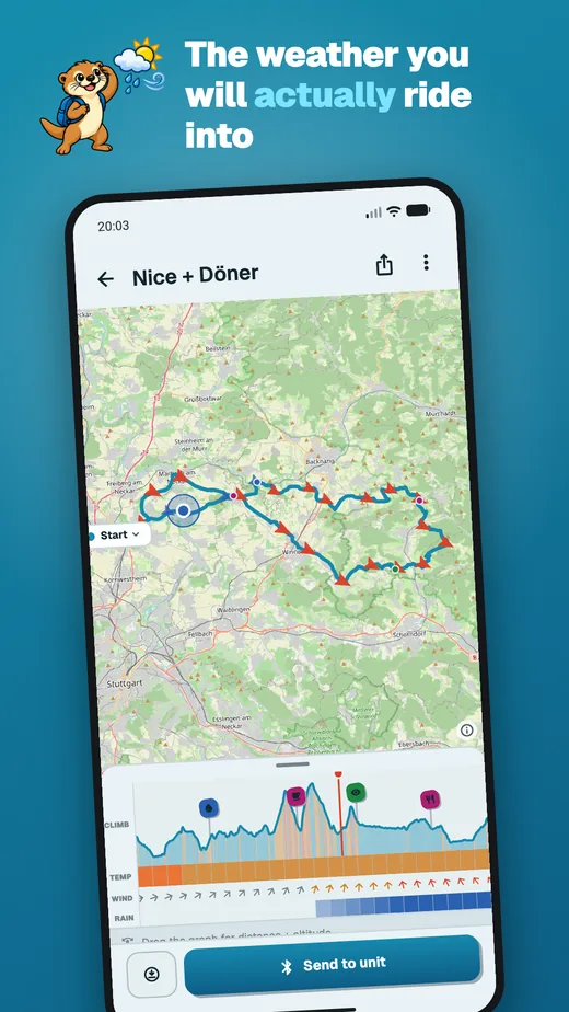 App screen headed “The weather you will actually ride into”: the same route with wind arrows along it, and temperature and wind bands under the elevation profile, above a “Send to unit” button.